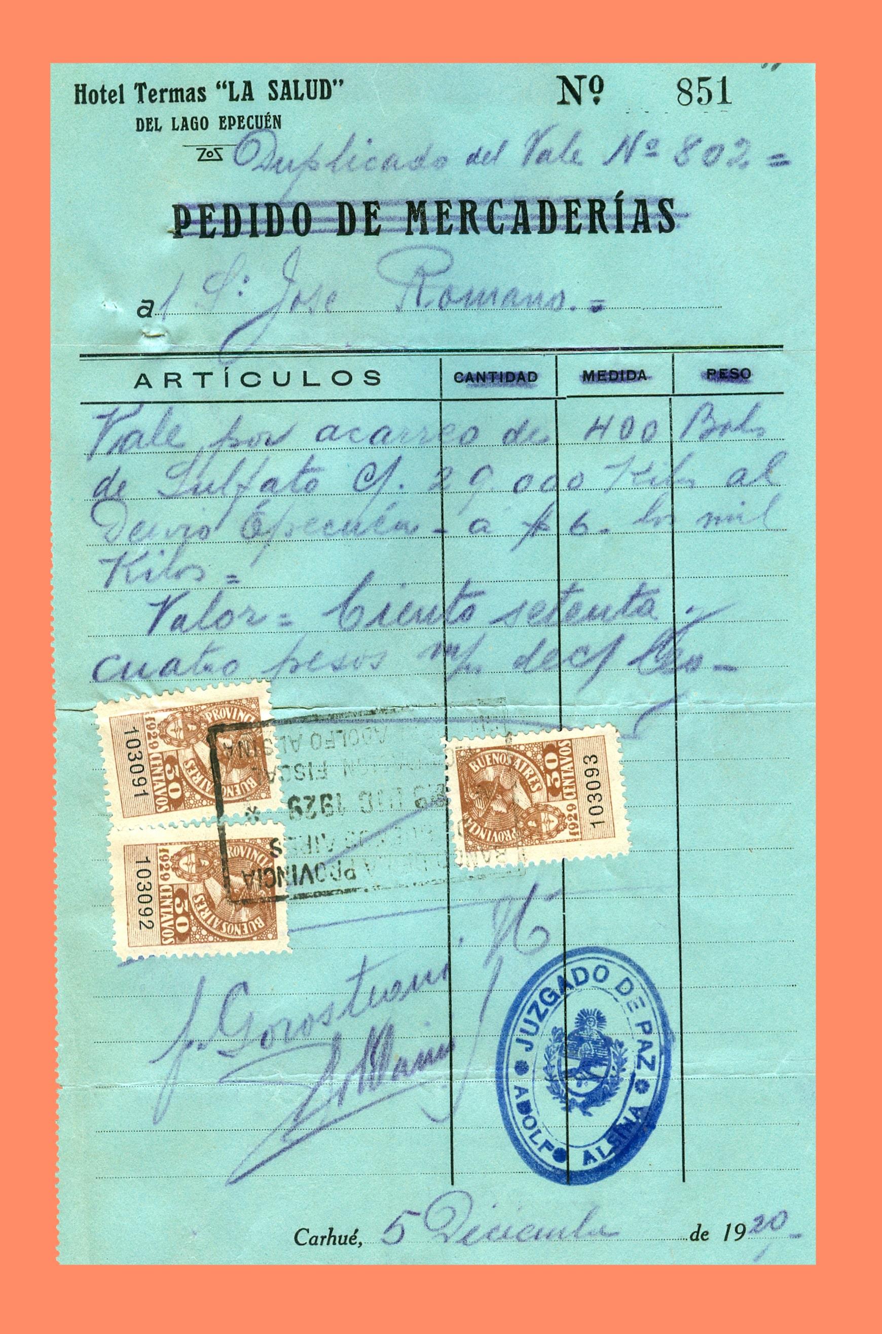 2300 2 Recibo del Hotel Termas La Salud, cercano a Epecuen Ville, de Gorostegui hnos. Año 1929-min