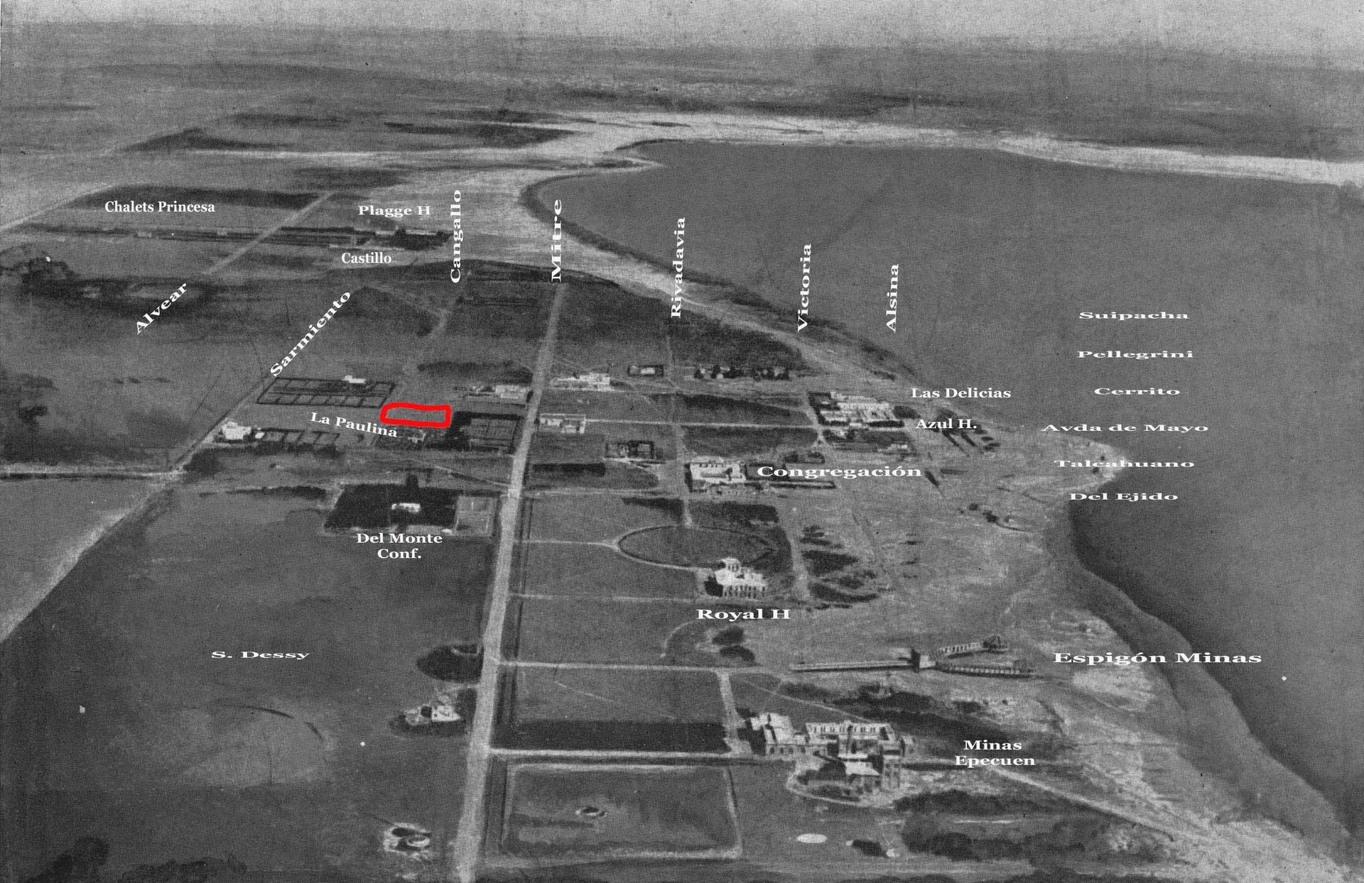 1928ca VISTA aerea Epecuen con referencias calles y edificios 2025